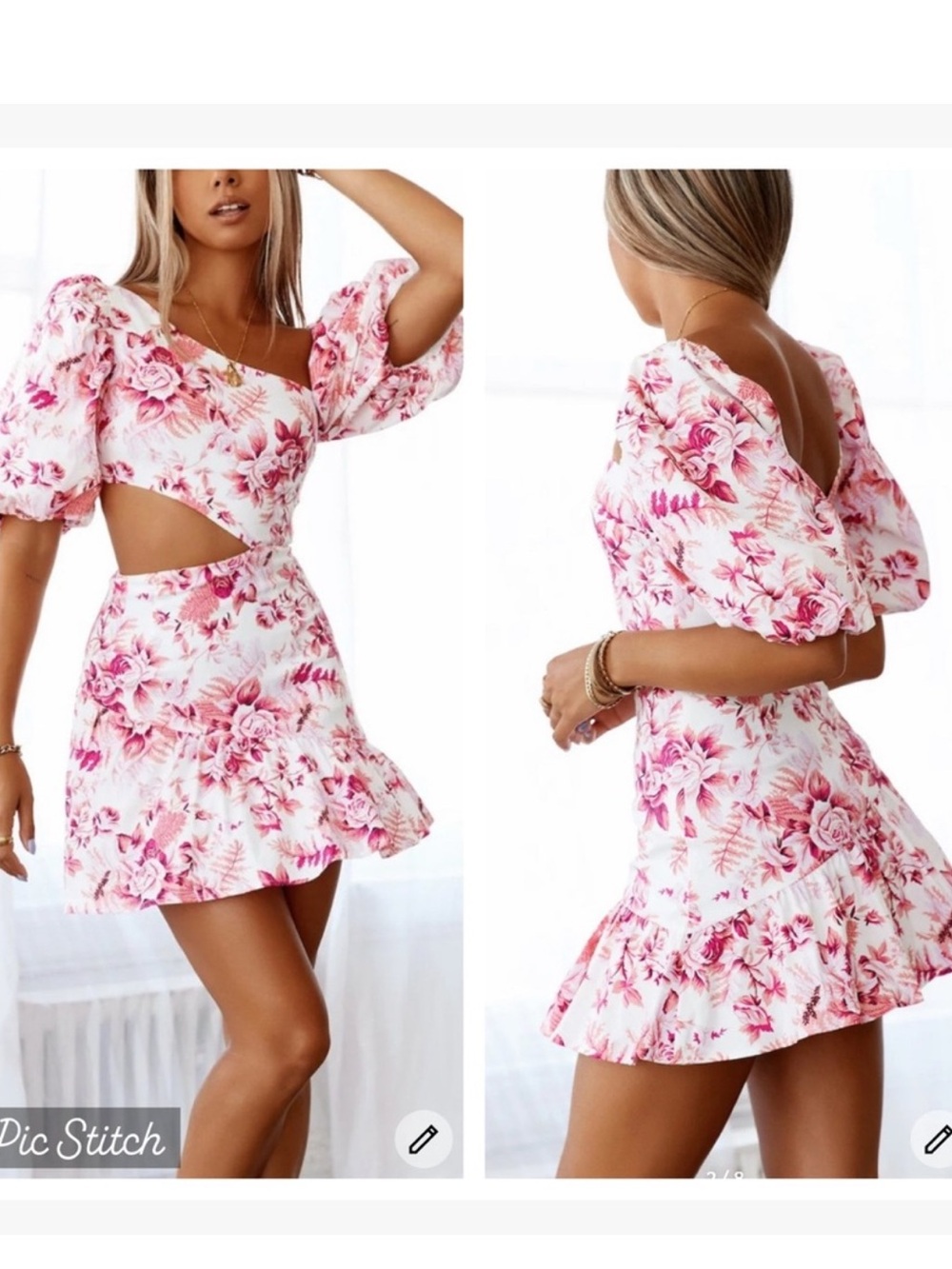 Pink Floral Puff Sleeve Mini Dress W Cutout